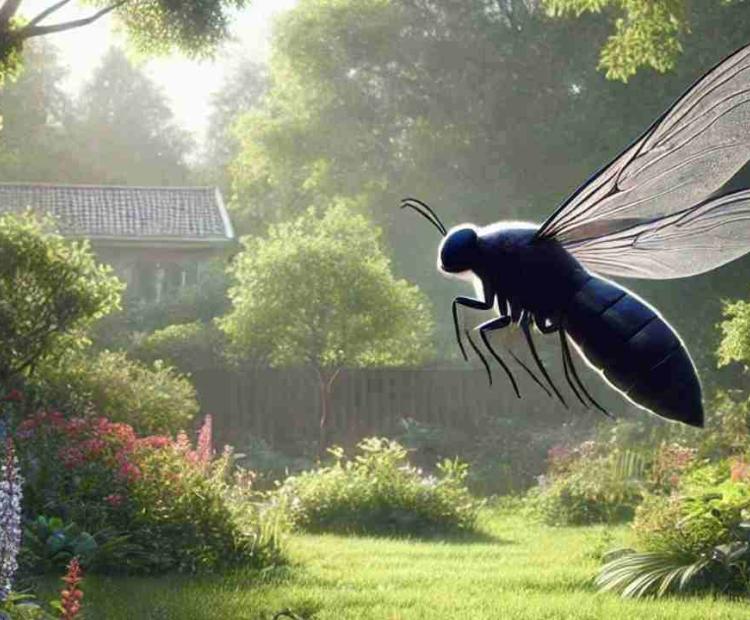 A large insect resting on a porch, its wings spread wide as it surveys its environment.