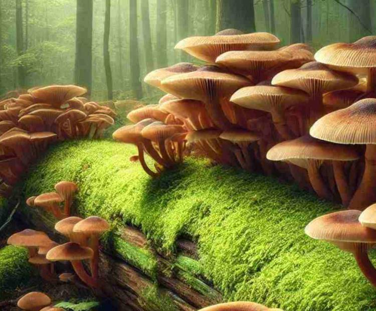 Mushrooms growing inside a hollowed tree, flourishing in the moist, protected environment.