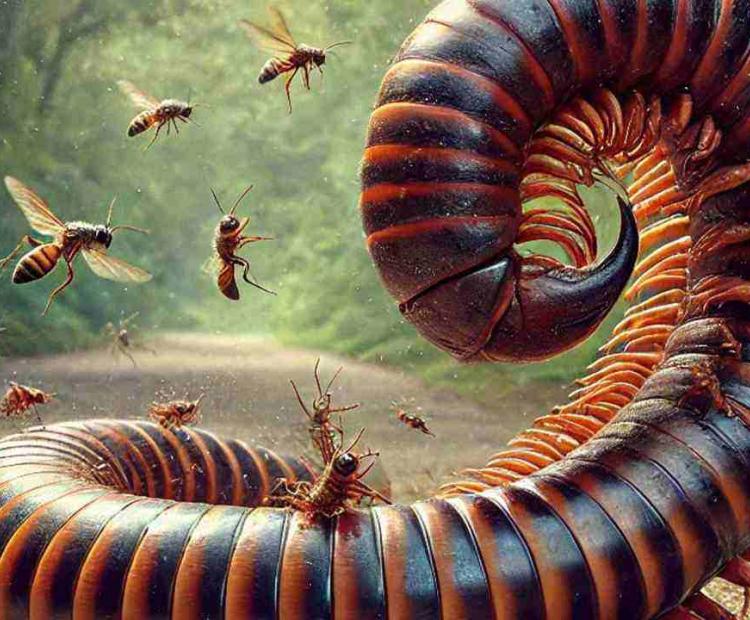 A millipede fighting back against a deadly bug attack, its legs moving rapidly in defense.